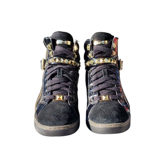 Michael Kors Glam Studded Patent Leather Distressed Hi-Top Sneakers 7 - Picture 3 of 10